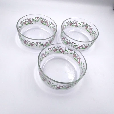 Set of 3 Bormioli Rocco Italy Clear Floral Glass Bowls 4.75" Pastel Frosted Band - Image 1 of 4