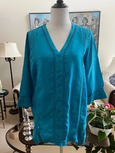 Neu ohne Etikett weiche Umrandung türkis blau Leinen V-Ausschnitt Tunika Top 3/4 Ärmel Größe L - Bild 1 von 4