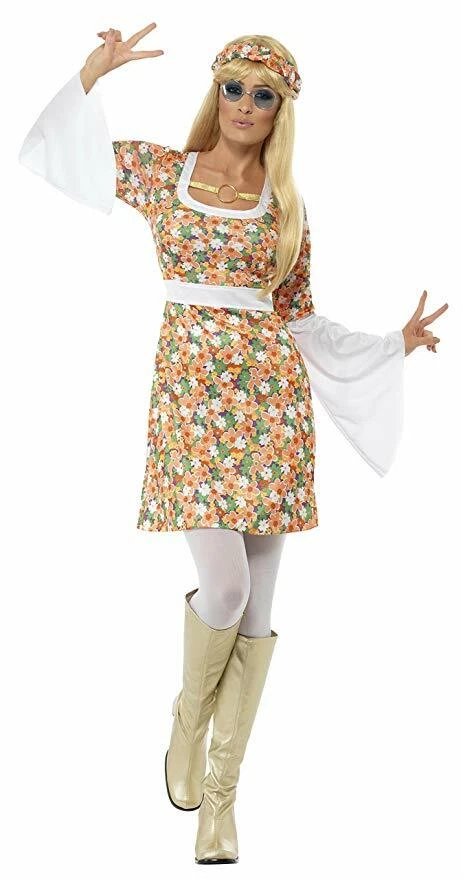 Vestido Disfraz Flower Power Naranja y Blanco Estampado de Flores Mangas Campana Años 60-70  Foto 1 de 1