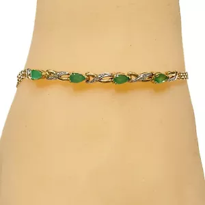 10K Yellow Gold Emerald Diamond Station Bracelet Dainty Birthstone Green 3.2g - Picture 1 of 10