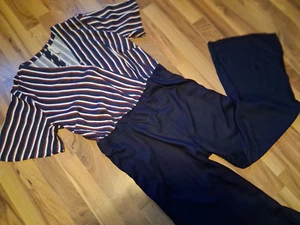 SHEEGO Maritimer Overall Jumpsuit 42 blau-weiß-rot Wickel-Optik Kurzarm Viskose - Bild 1 von 7