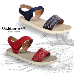 Ladies Cushion Walk Flat Sandals Low Wedge Open Toe Touch Fasten Fabric Upper - Picture 1 of 17