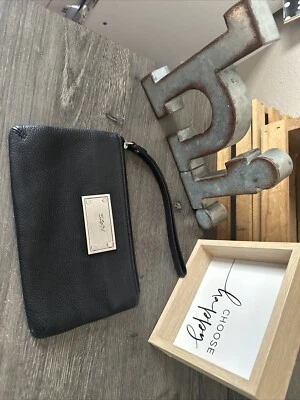 DKNY Black Leather Logo ZIP Pouch Wallet Wristlet 8.25x5” PreOwned EUC-MINT - Image 1 of 4