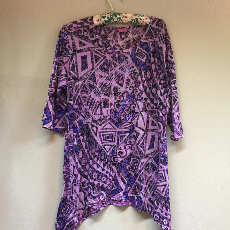Túnica Tianello feminina manga 3/4 top grande leve bainha lenço geométrica roxa - Imagem 1 de 4