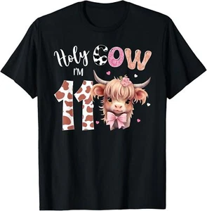 Holy Cow I'm 11 Highland Cow Print Shirt 11th Birthday Girl T-Shirt Hoodie - Picture 1 of 19