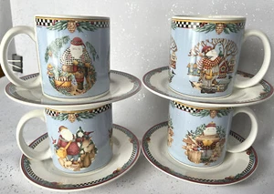 Juego de 4 tazas y platillos de café Sakura Woodland Santa 1998 Debbie Mumm - Imagen 1 de 9