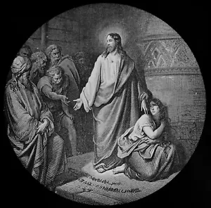 LA MUJER TOMADA EN ADULTERIO C1890 Linterna Mágica Diapositiva BIBLIA DORE - Imagen 1 de 3