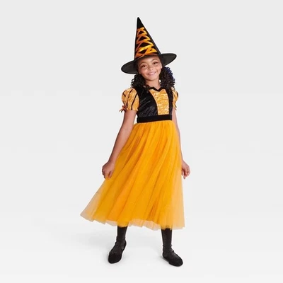 Kids Fancy Witch Halloween Costume Dress & Hat 6-7 Small Orange-Black #5262 - Image 1 of 4