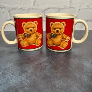Juego de 2 tazas navideñas de oso de peluche lindas "tazas" con sello vintage de 1980 - Imagen 1 de 6
