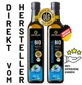 KRÄUTERLAND Bio Schwarzkümmelöl GEFILTERT 2x500ml, 1L, ägyptisch, kaltgepresst - Bild 1 von 10