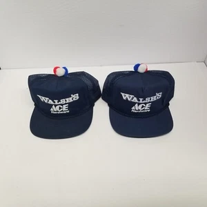 Vintage Walsh's Ace Hardware Women's Snapback Blue Hat Lot of 2 w/ Pom Pom Top - Picture 1 of 5