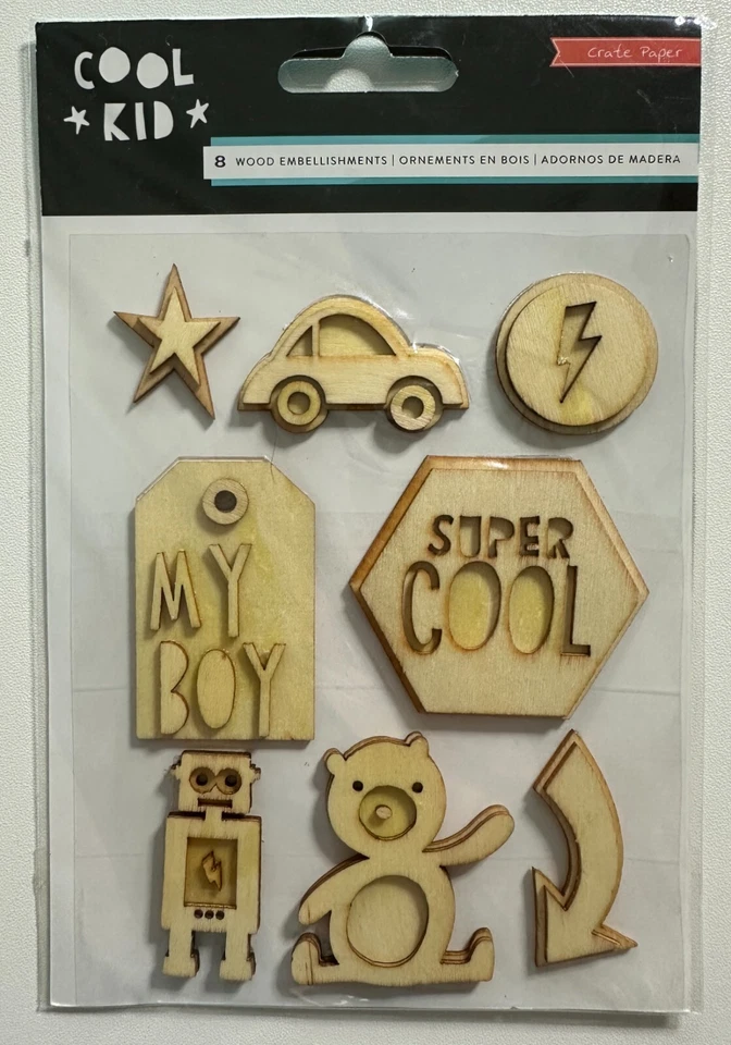 Crate Paper Cool Kid Wood Embellishments-8 Pieces - Image 1 of 1
