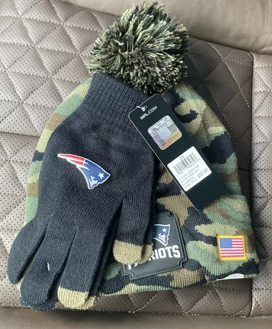 NFL New England Patriots Camouflage Camo Beanie Hat & Gloves USA AMERICAN FLAG Cover