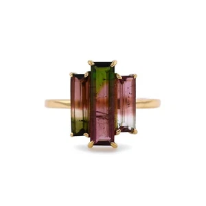 Three Stone Baguette Bio Watermelon Tourmaline Solid 14K Yellow Gold Ring - Picture 1 of 8