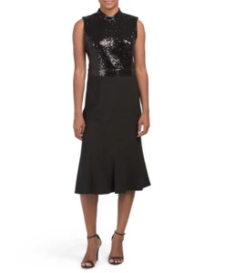 Maggy London Dress Womens Size 2 Mock Neck Black Sequin Stretch Midi Dress New - Picture 1 of 5