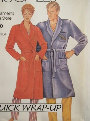 Easy OOP McCALLS Mens/Misses Wrap Front Robe & Tie Belt PATTERN XS-S-M-L-XL UC - Image 1 of 3