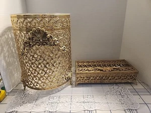 Vintage Ormolu Ribbon Claw Footed Ornate Brass Metal Wastebasket & Tissue  Box - Picture 1 of 14