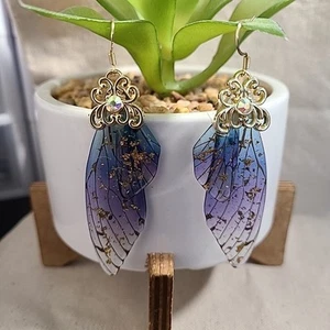 Fairy Wing Earrings Dangle Drop Earrings Iridescent Gold Sparkle Women - Picture 1 of 5