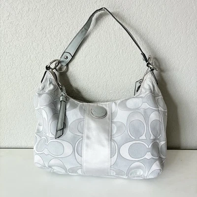 Coach Signature Sateen Shoulder Bag Handbag Silver Grey 13”x8” ~ Very Clean - Image 1 of 4