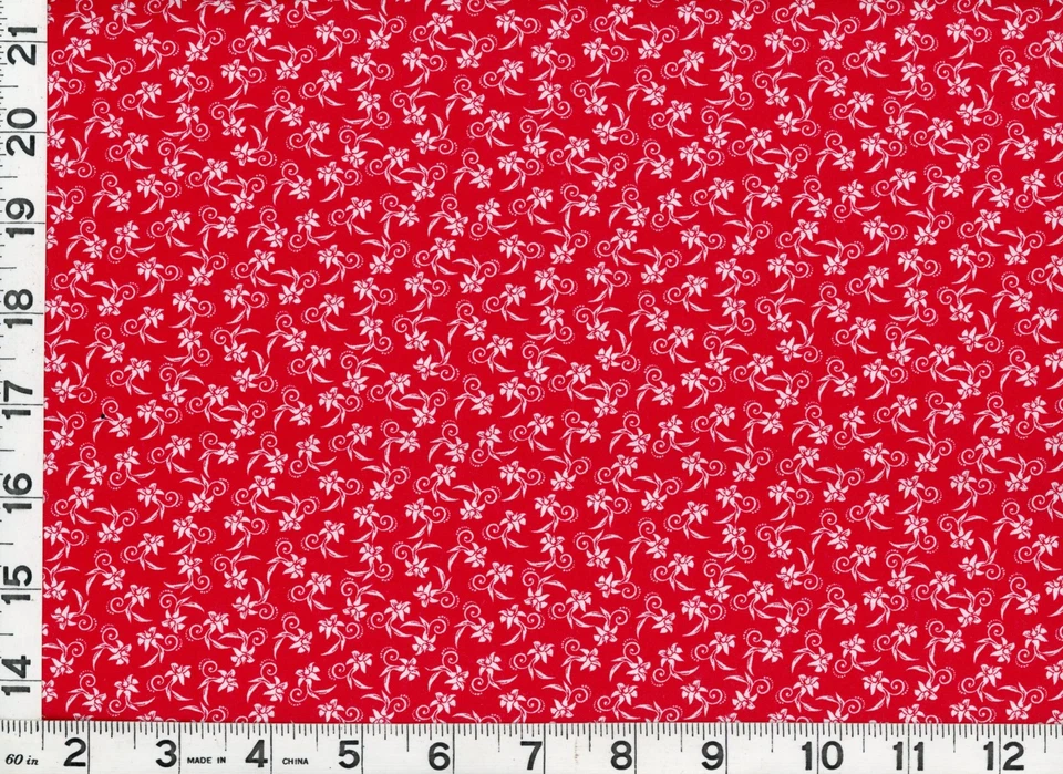 Flores blancas y rizos frondosos en tela roja para acolchar y coser por yarda #c9 Foto 1 de 1