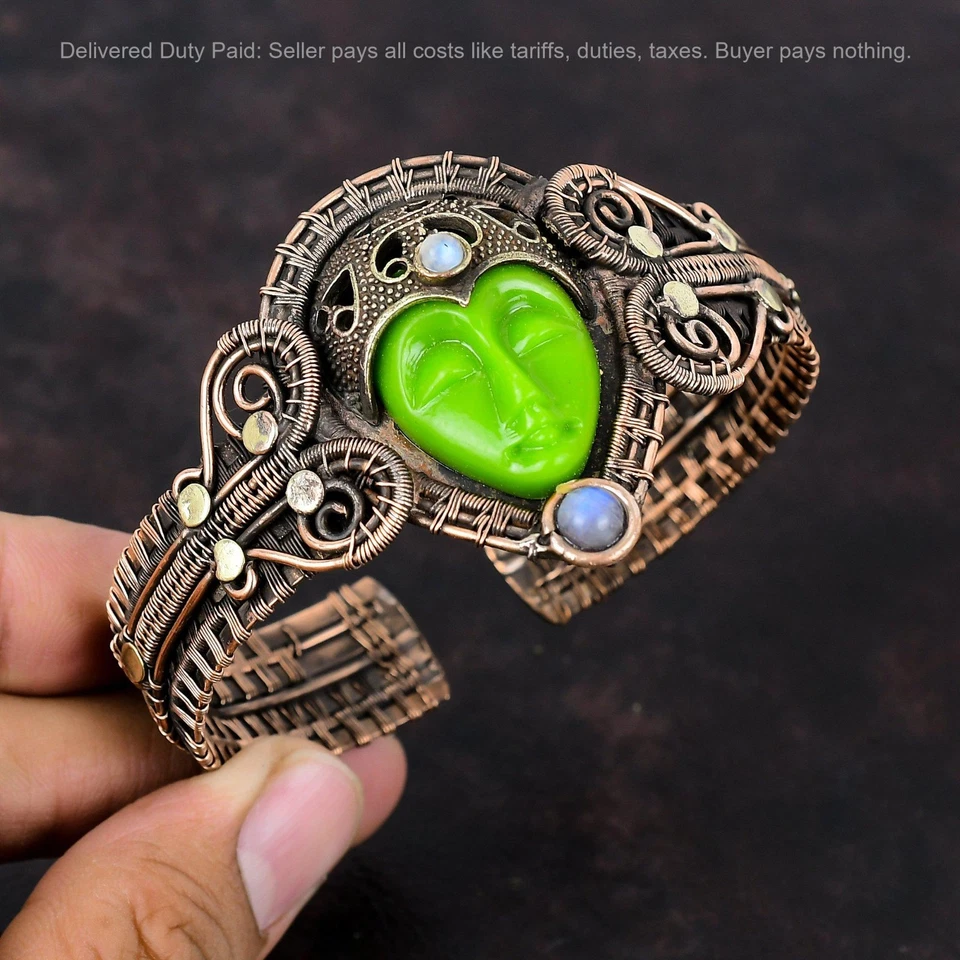 Brazalete envuelto en alambre de piedra lunar arco iris cara tallada verde natural de cobre Foto 1 de 4
