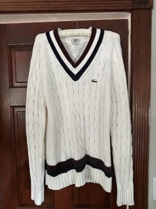 Vintage IZOD LACOSTE Sweater XL White Cable Knit Preppy Tennis Chunky V-Neck - Picture 1 of 16