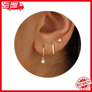 3 Pairs Gold Hoop Earrings Set Dainty Stud Trendy14K Gold Plated Gift - Picture 1 of 9
