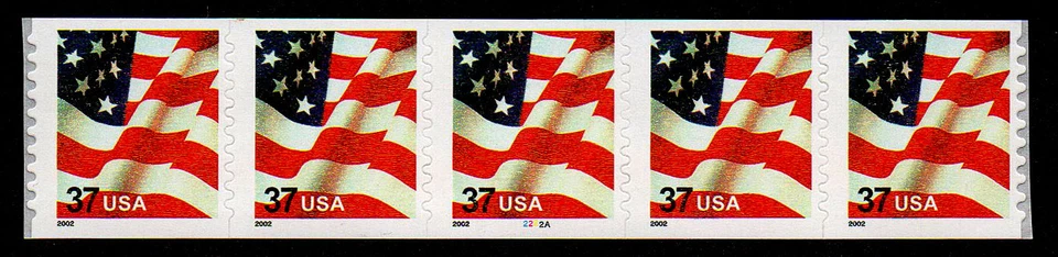 UNITED STATES, SCOTT # 3632, COIL STRIP OF 5 PNC #2222A YEAR 2002 37¢ USA FLAG - Image 1 of 1
