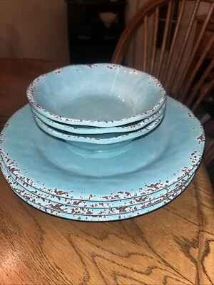 Tommy Bahama 11” Plato Y Cuencos Turquesa Craquelado Rústico Melamina Lote de 7 Piezas Foto 1 de 4