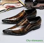 British Mens Pointy toe Slip on Dress Formal Leather Business Metal Toe Shoes