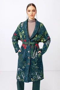 Ivko Coat Wool Coat Long Wool Green Jacquard Organic 222801 - Picture 1 of 5