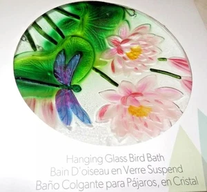 NEW Hanging Glass DRAGONFLY BIRD BATH Pink Flowers 10" Diameter W/ Chain - Picture 1 of 3