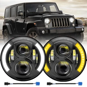 Pair 7" inch Halo LED Headlights DRL For 2007-2018 Jeep Wrangler JK CJ LJ TJ - Picture 1 of 10