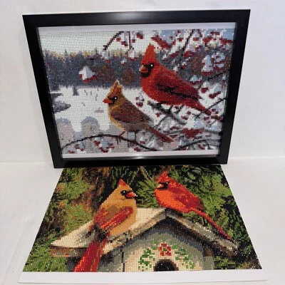 "Lote de 2 puntos de diamante pintura par de cardenales invierno verano enmarcado 12""x15""" Foto 1 de 4
