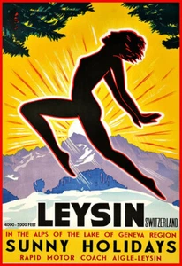 Leysin sunny holidays Alps Motor Coach Travel Poster Print - Picture 1 of 1