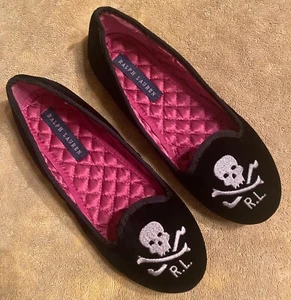 Rare Ralph Lauren Black Velvet Slippers Loafers Skull Crossbones Size 3.5 US - Picture 1 of 8
