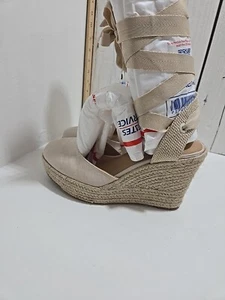 LANE BRYANT SZ 9Womens SANDALSEspadrille Wedge Platform Beige Suede Lace UpTie17 - Picture 1 of 24