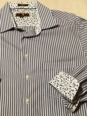 Egara Shirt Mens XLT Blue White Stripe Long Sleeve Flip Cuffs Non-Iron Slim Fit - Image 1 of 4