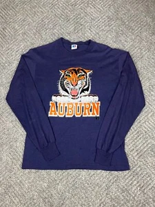 Vintage Auburn Tigers Felt logo T Shirt Adult Medium Blue Long Sleeve Mens - Picture 1 of 12