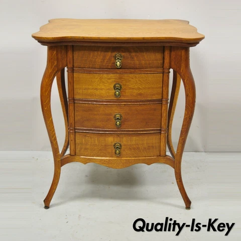 Antique Victorian Art Nouveau Golden Oak 4 Drawer Work Stand Sewing Side Table Cover