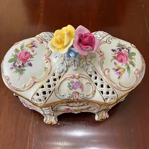 KPM Royal Berlin Porcelain Handpainted 3D Flowers Reticulated Bowl w/ Lid 11” L - Picture 1 of 24