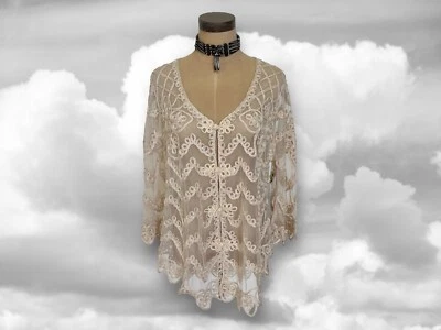 Bata de natación vintage Y2K Boho crema manga campana ganchillo encaje malla Foto 1 de 4