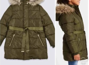 New Kids Khaki Faux Fur Hooded Padded Longline Coat Size 9-10 Years - Picture 1 of 4