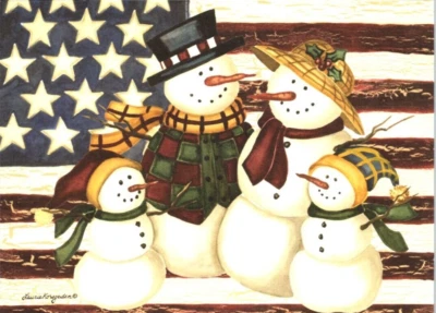 SNOWMAN FAMILY AMERICAN FLAG Christmas Greeting Card New MG93 - Image 1 of 3