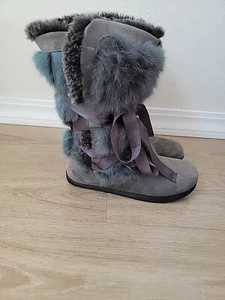 Earth Snowboots Fashion Boots Leather Real Fur Womens 6B Grey Lined - Picture 1 of 13