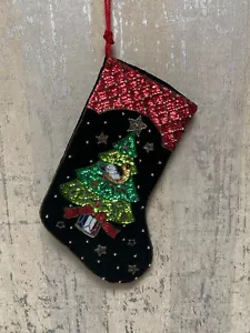 Velvet Christmas Stocking with Sequence Ornaments and Christmas Tree - Picture 1 of 2