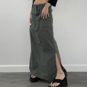 Women Cargo Maxi Skirt Hiking Split Slit A-line Loose Casual Vintage Style Punk