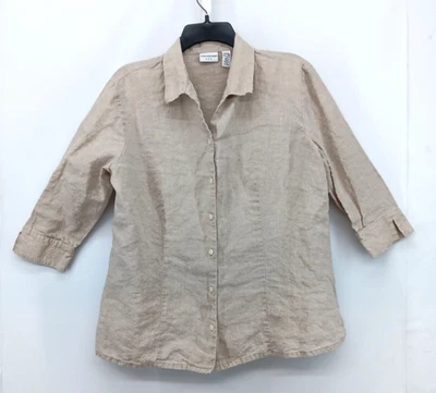Camisa Covington para mujer grande beige cuello manga 3/4 abotonada 100 % lino Foto 1 de 4