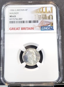 1906 GREAT BRITAIN 4 PENCE EDWARD VII MAUNDY NGC MS 65 SCARCE GEM COIN - Picture 1 of 3