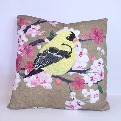 American Goldfinch Yellow Bird Throw Pillow Pink Flowers Tree Branch 17x17 - Image 1 of 4